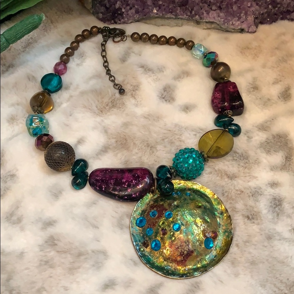 Chunky Colorful Beaded Statement Necklace with Center Disc Rhinestones Eclectic